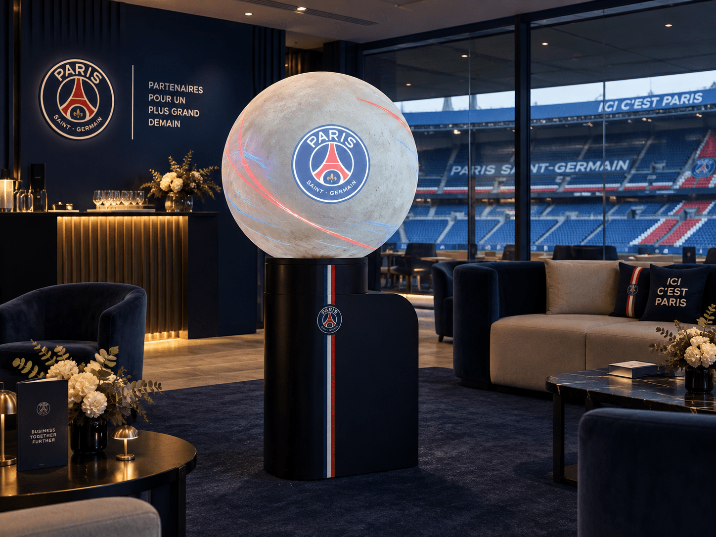 Sphère ORA aux couleurs du Paris Saint-Germain, salon VIP du Parc des Princes